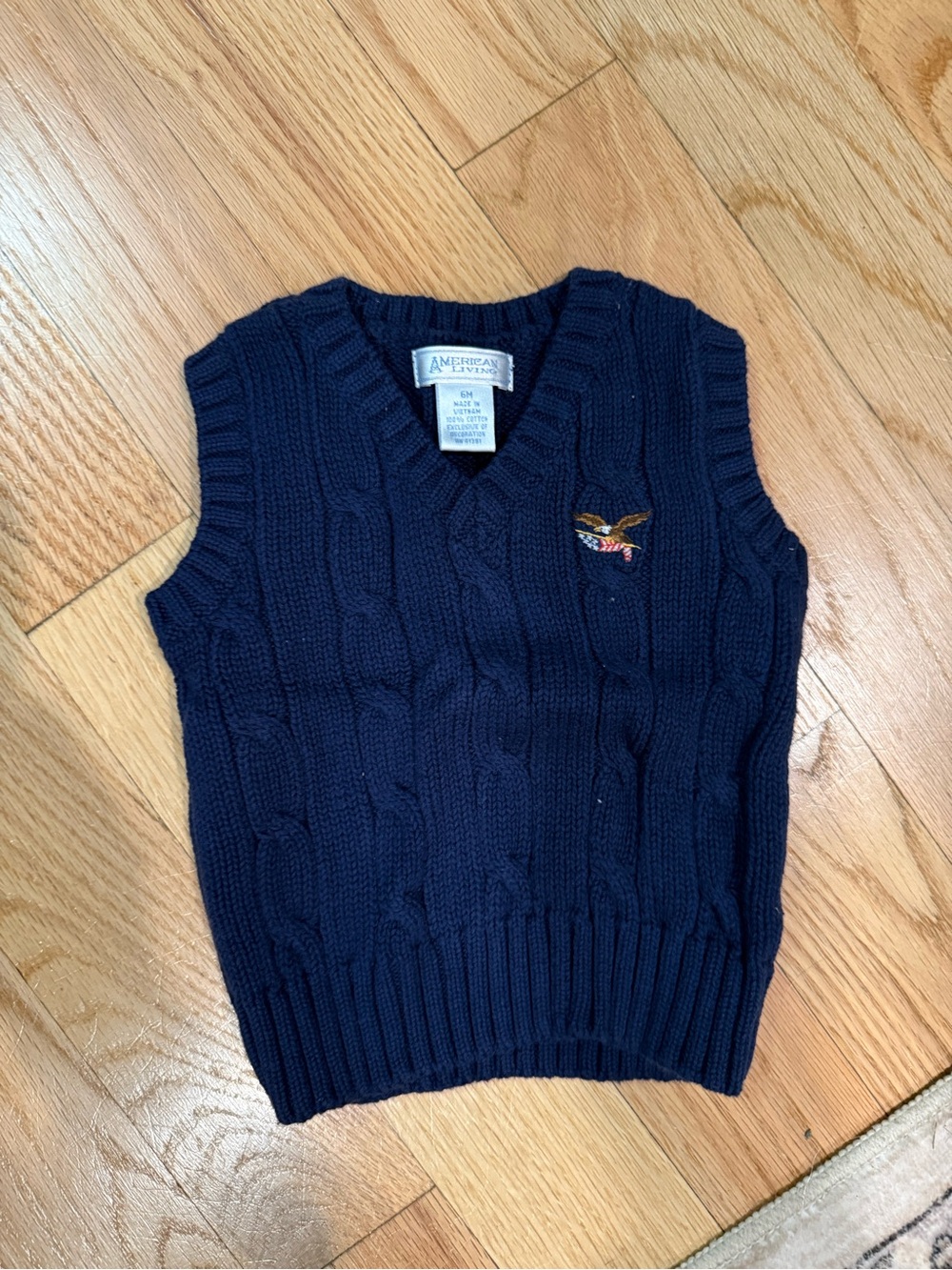 American Living Navy Cable-Knit V-Neck Kids Sweater Vest with Eagle Embroidery